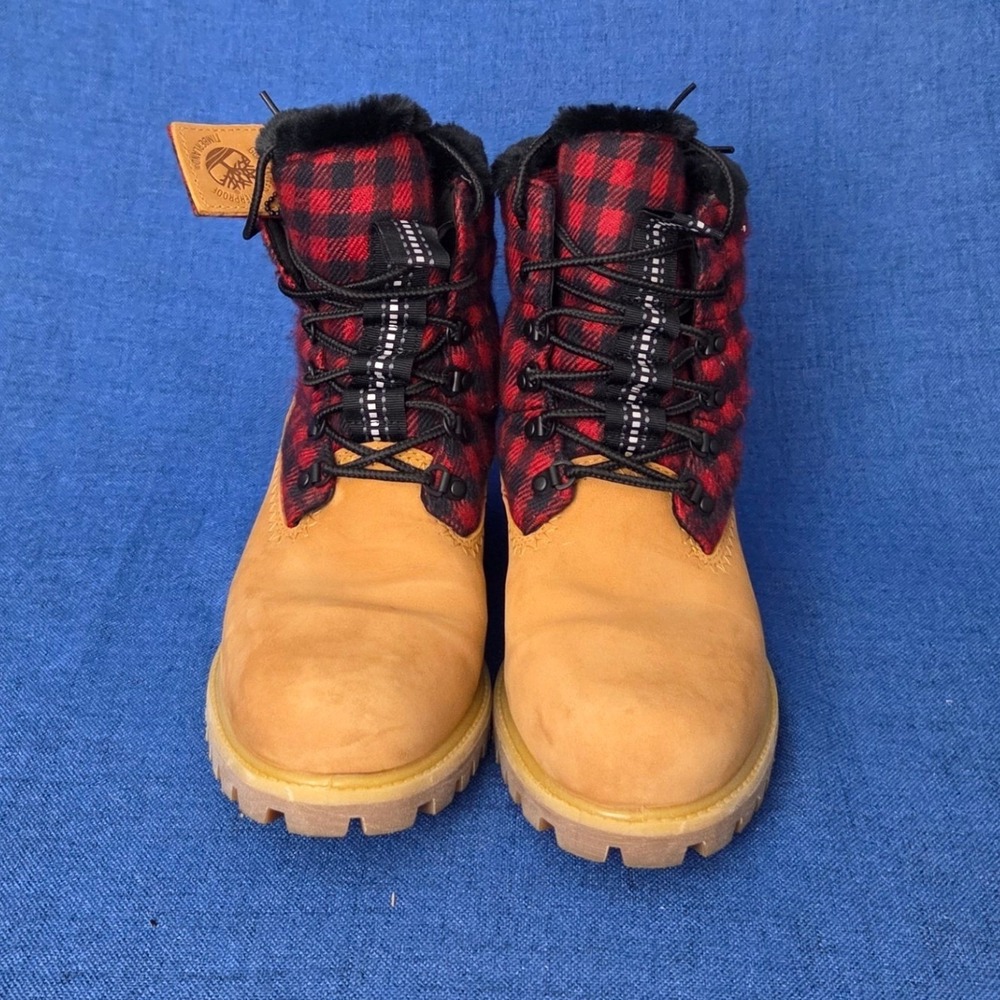 Timberland Waterproof Plaid Quilted Boots Wheat Red Black Fur Lined NWOB 9.5